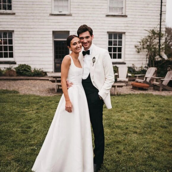 Simple A-Line Square Neck White Satin Wedding Dresse - Picture 5 of 5